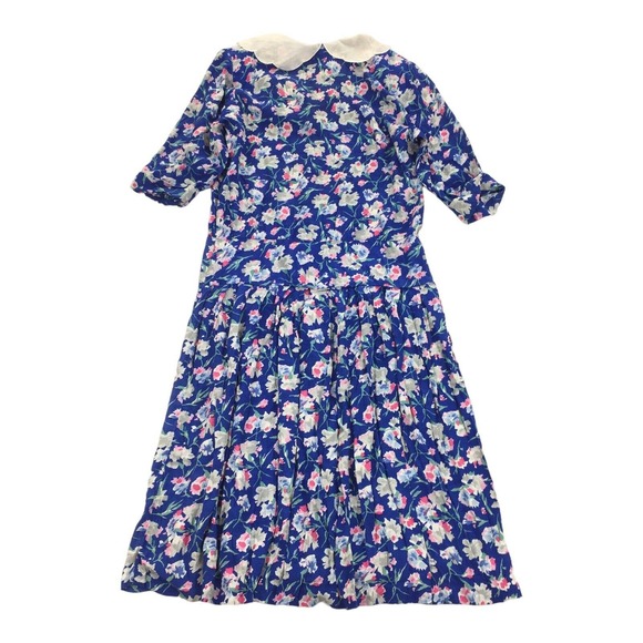 Vintage 1980s Jonathan Martin Floral Dress 9/10 Blue Modest Peter Pan Collar M - Picture 2 of 7